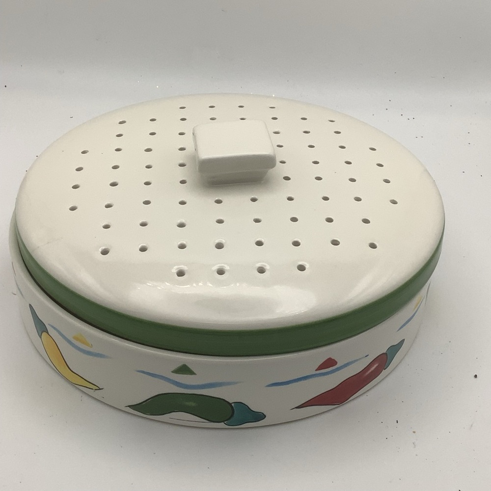 Ceramic Tortilla Warmer with Lid  Featuring a.Colorful Chili Pepper Design